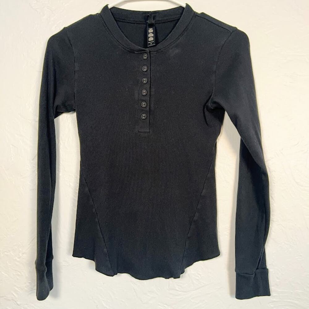 SKIMS Cotton Rib Henley Top Women's M Black Long Sleeve Fitted Stretch